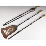 19thC set of fire irons with figural brass handles of nude ladies, length 74cm