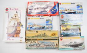 Nine Airfix mostly 1:600 scale platic model battleship and boat kits to include HMS Belfast 74212,
