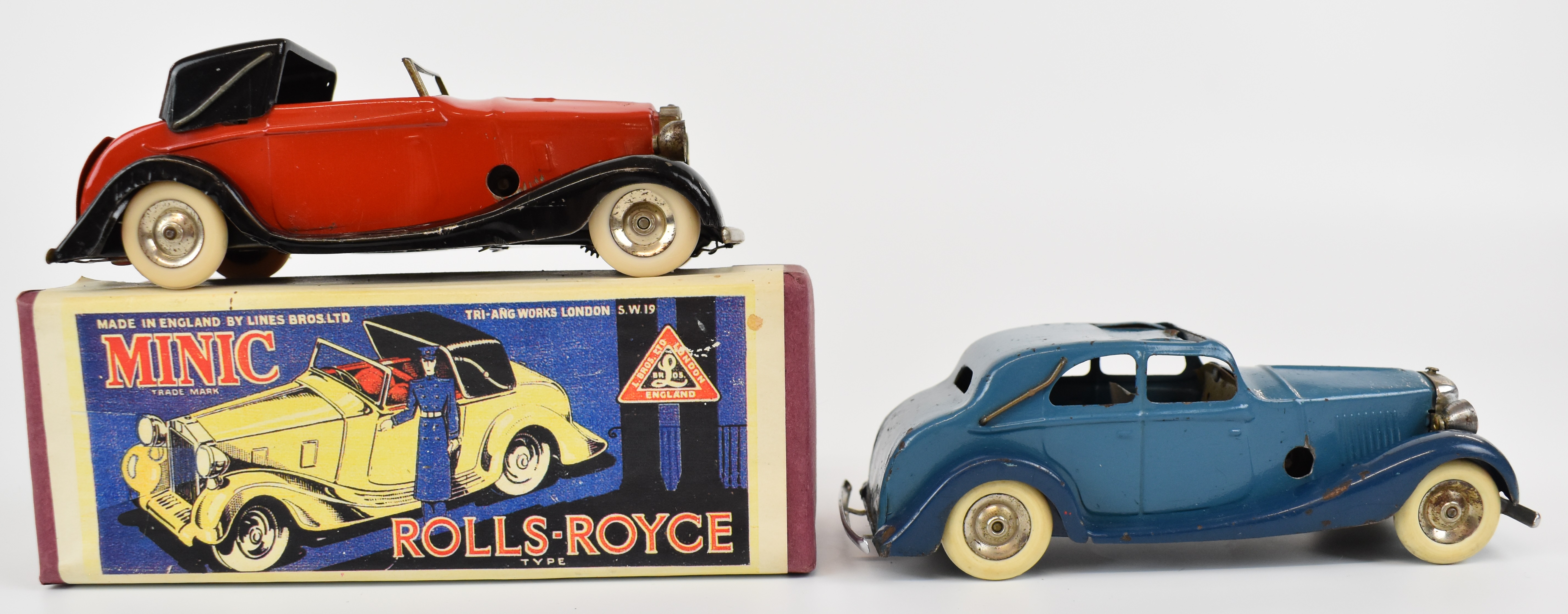 Two Tri-ang Minic Toys clockwork tinplate or pressed steel saloon cars comprising Rolls-Royce and - Image 2 of 7