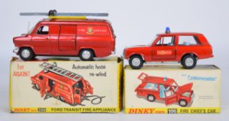 Two vintage Dinky Toys diecast model Fire Service vehicles comprising Ford Transit Fire Appliance