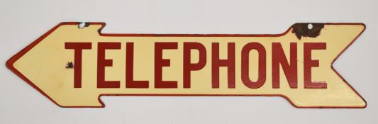 Vintage double sided 'Telephone' arrow shaped enamel advertising sign, length 59cm, being sold by