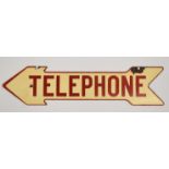 Vintage double sided 'Telephone' arrow shaped enamel advertising sign, length 59cm, being sold by