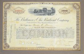 Baltimore and Ohio Railroad Company share certificate for one hundred shares at $ each, signed and