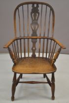 19thC elm seated Windsor armchair with pierced back splat