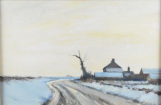 Ian Houston (1934-2021) oil on canvas likely Norfolk winter landscape with farm beside a track,