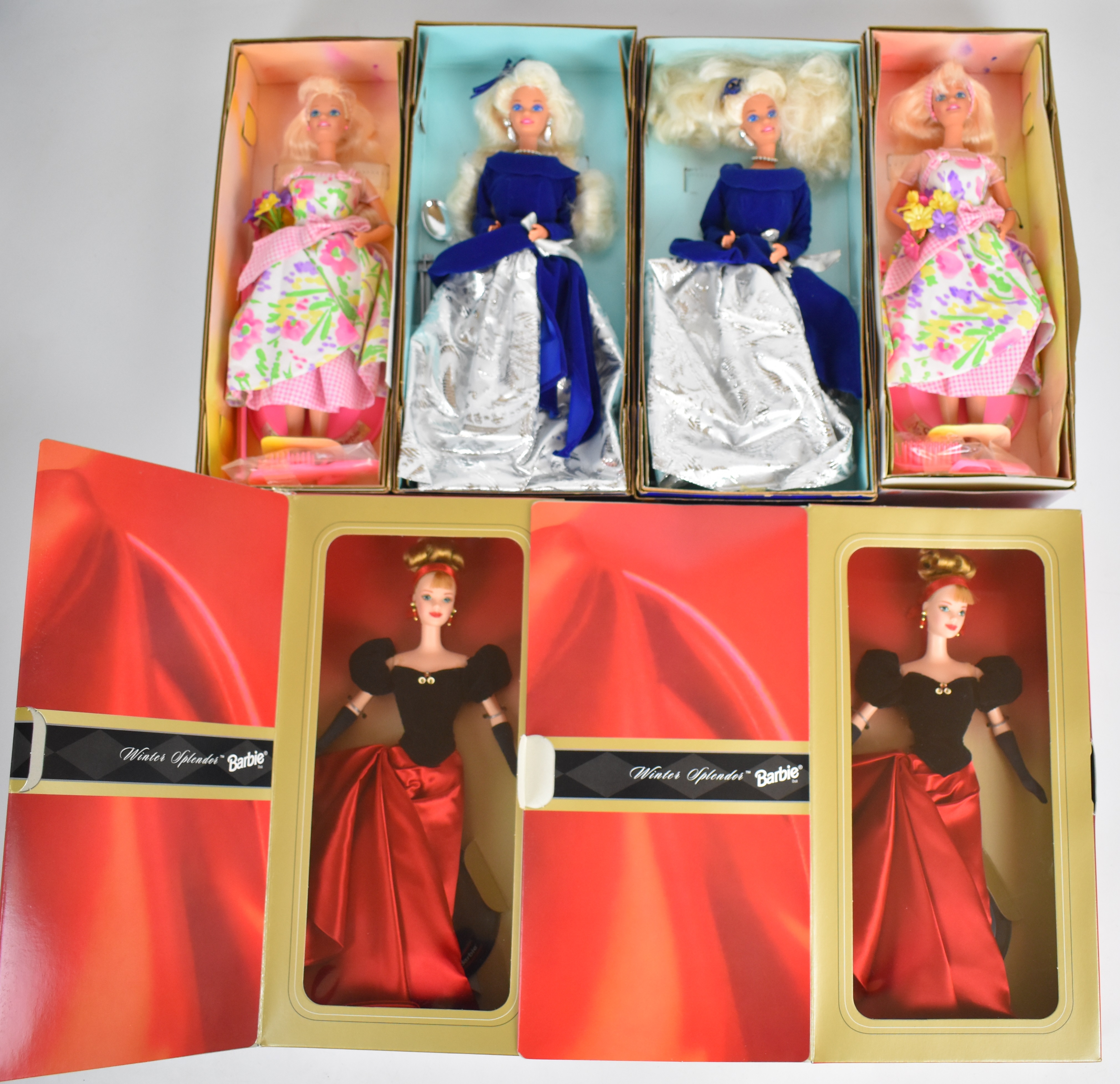 Six Mattel Avon Exclusive Barbie dolls from the Winter Splendor, Spring Petals and Winter Velvet