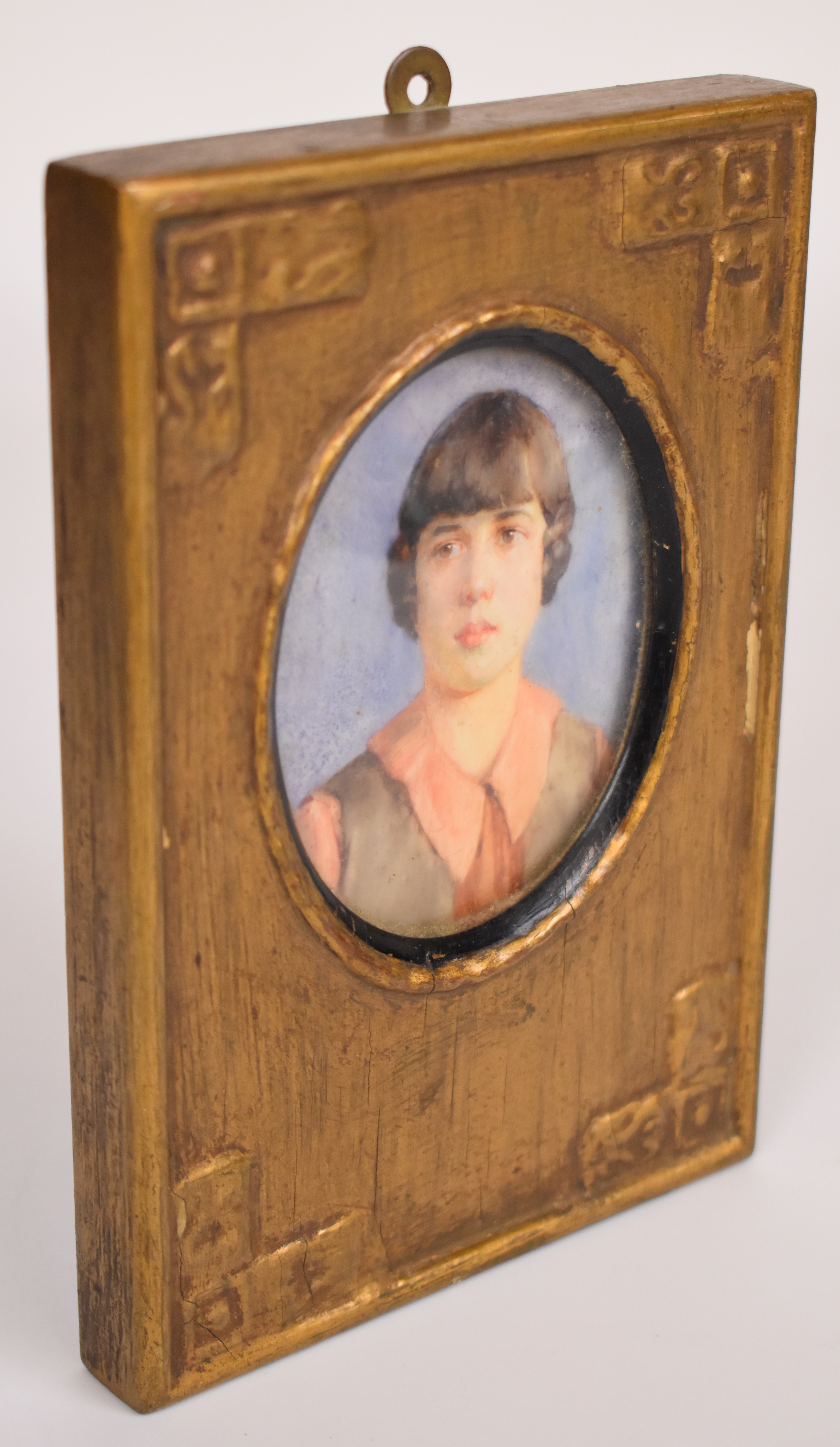 Early 20thC portrait miniature of a lady, the likely ivory panel attached to a postcard with name - Image 2 of 3