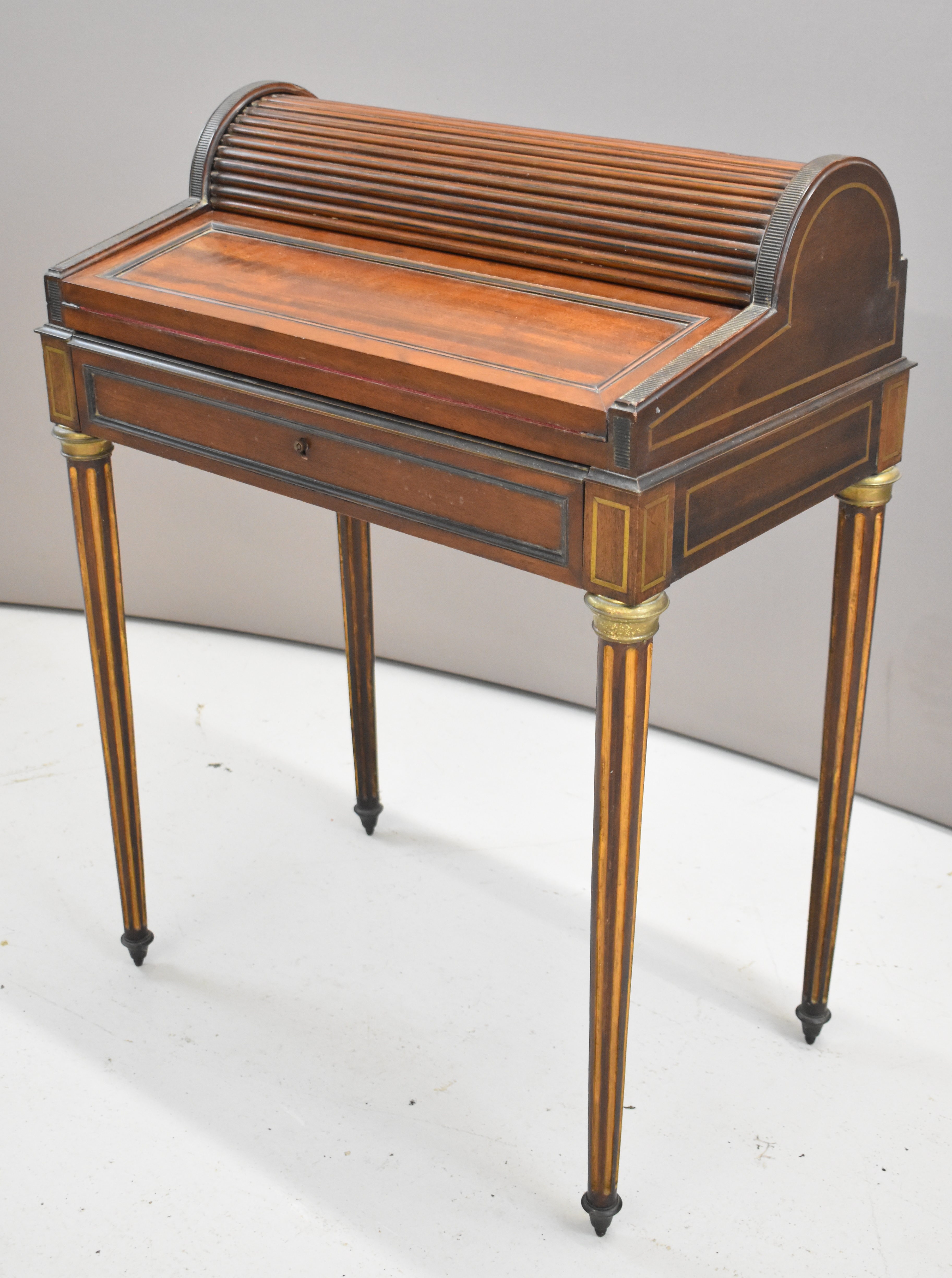 19th or early 20thC writing desk, the opening of the drawer causing the domed tambour top to - Image 2 of 4