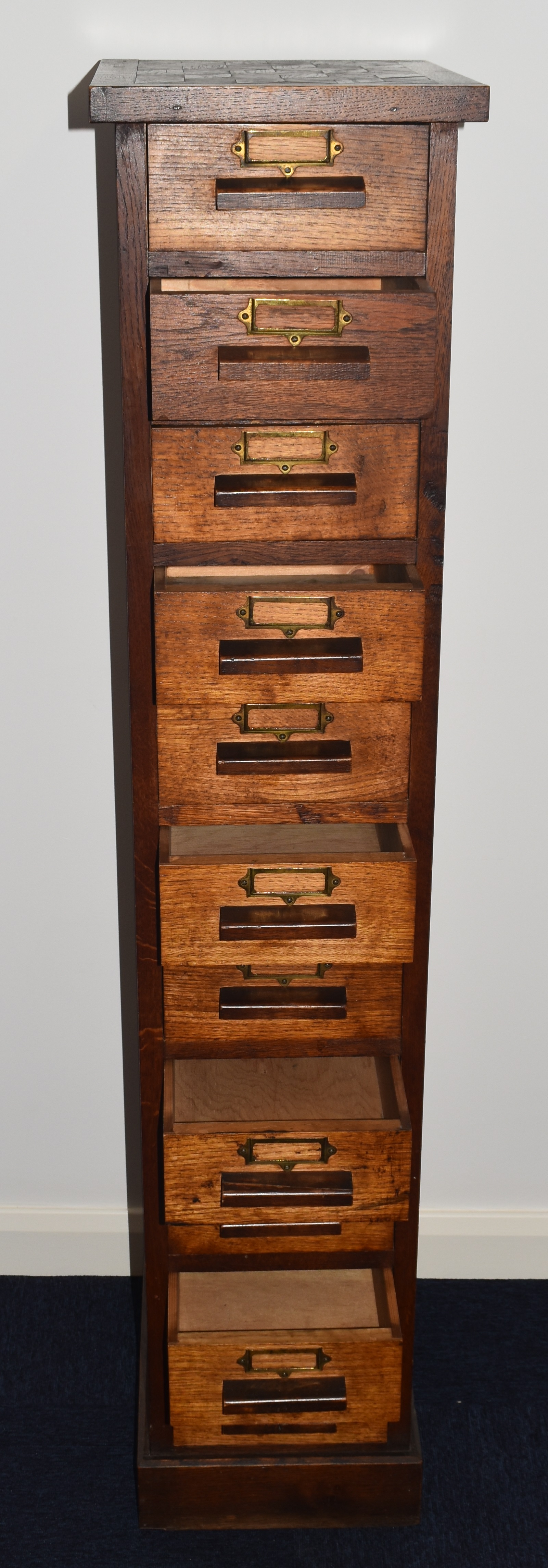 Oak collector's chest of eleven drawers with parquetry decoration, W30.5 x D40 x H147cm - Image 2 of 5