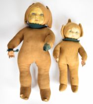 Two Deans Rag Book Gnome / Puck dolls with cloth body, face and composite hands, c1920's, tallest