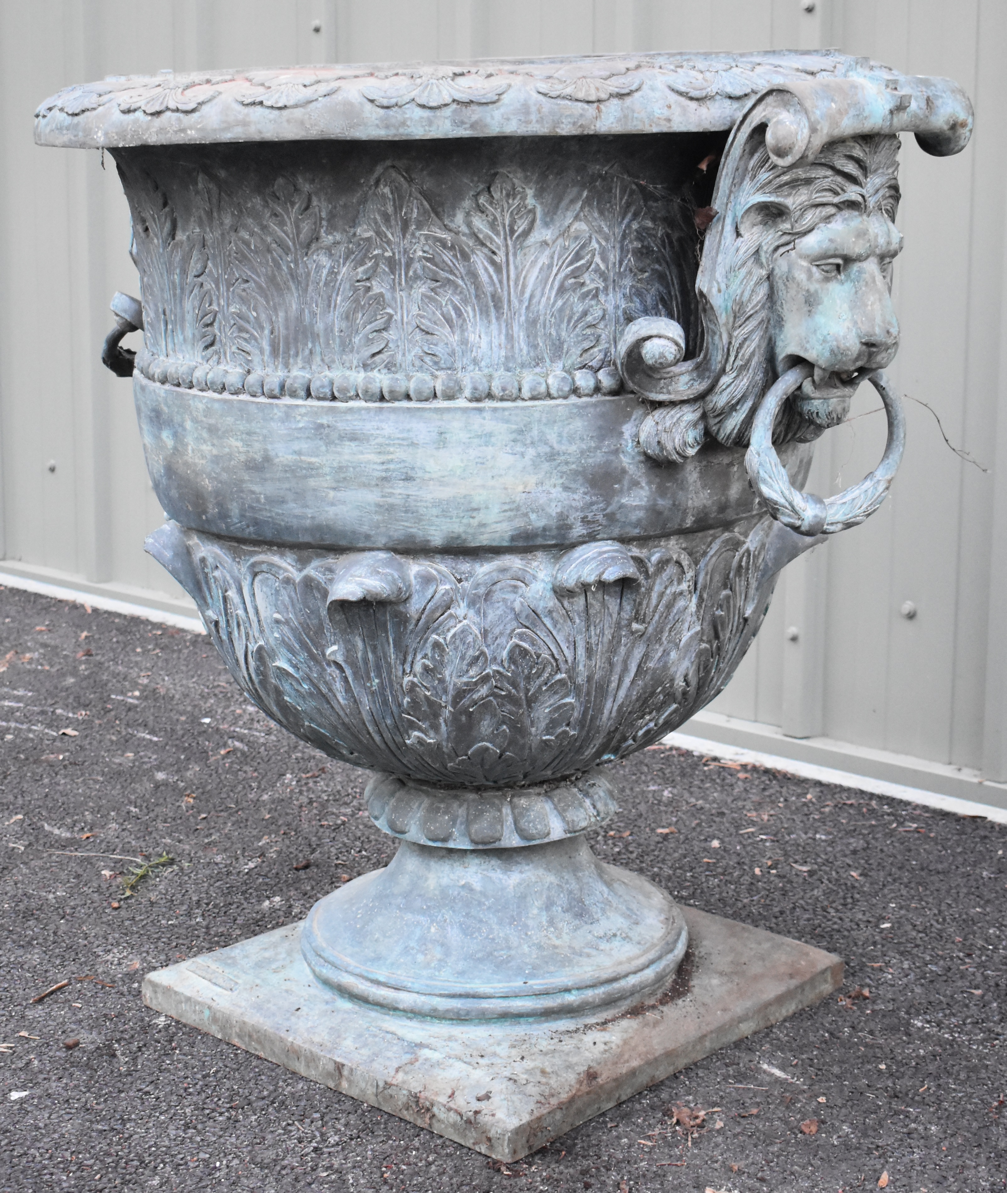 Leonardo Rossi pair of large bronze pedestal urns with scrolling lion mask ring handles and relief - Image 10 of 13