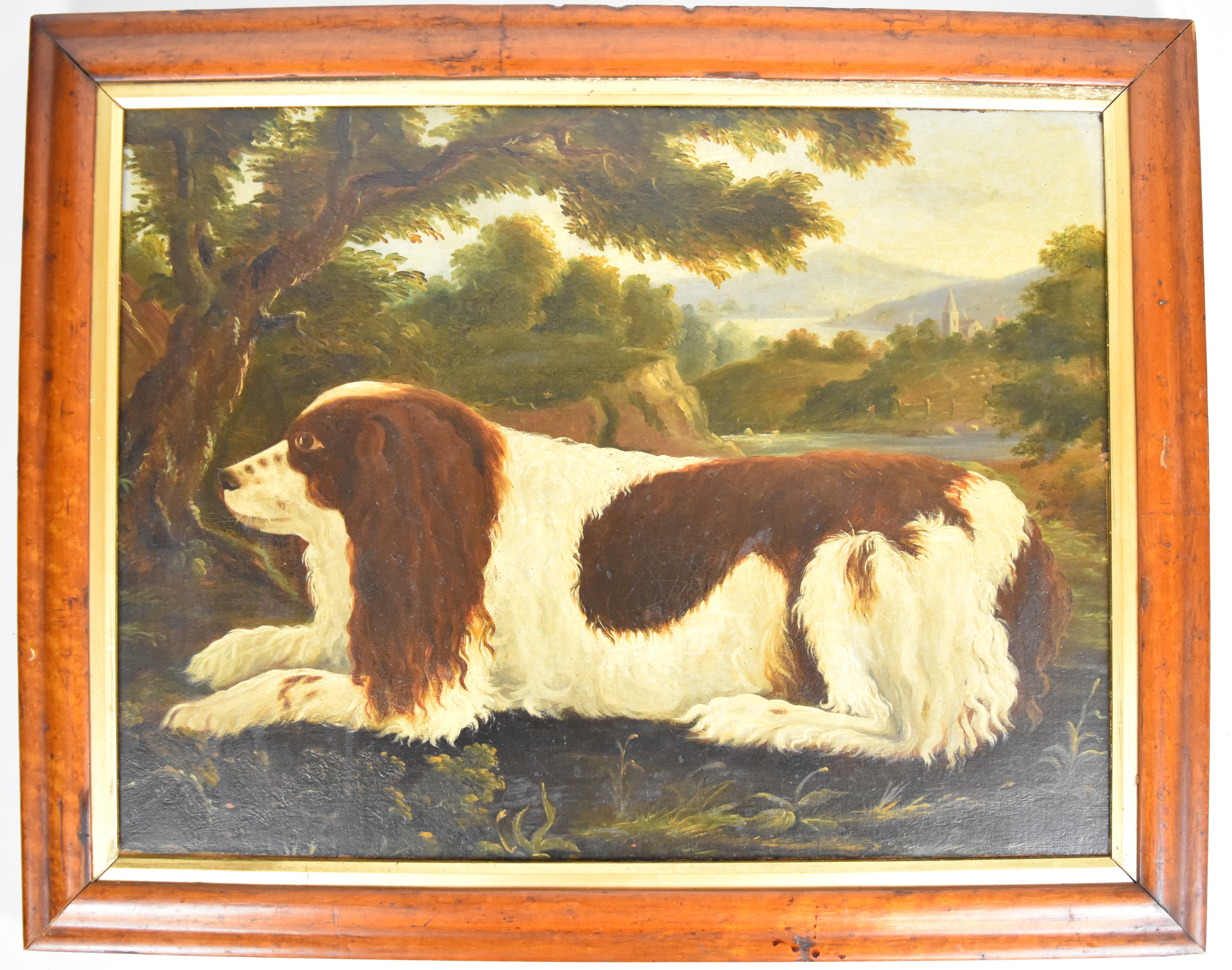 Harvey Marsh (19thC English School) naive oil on board with canvas backing of a recumbent spaniel - Image 2 of 4