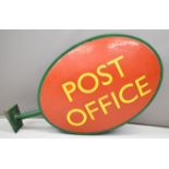 Retro fibreglass oval double sided Post Office advertising sign, overall length from wall bracket