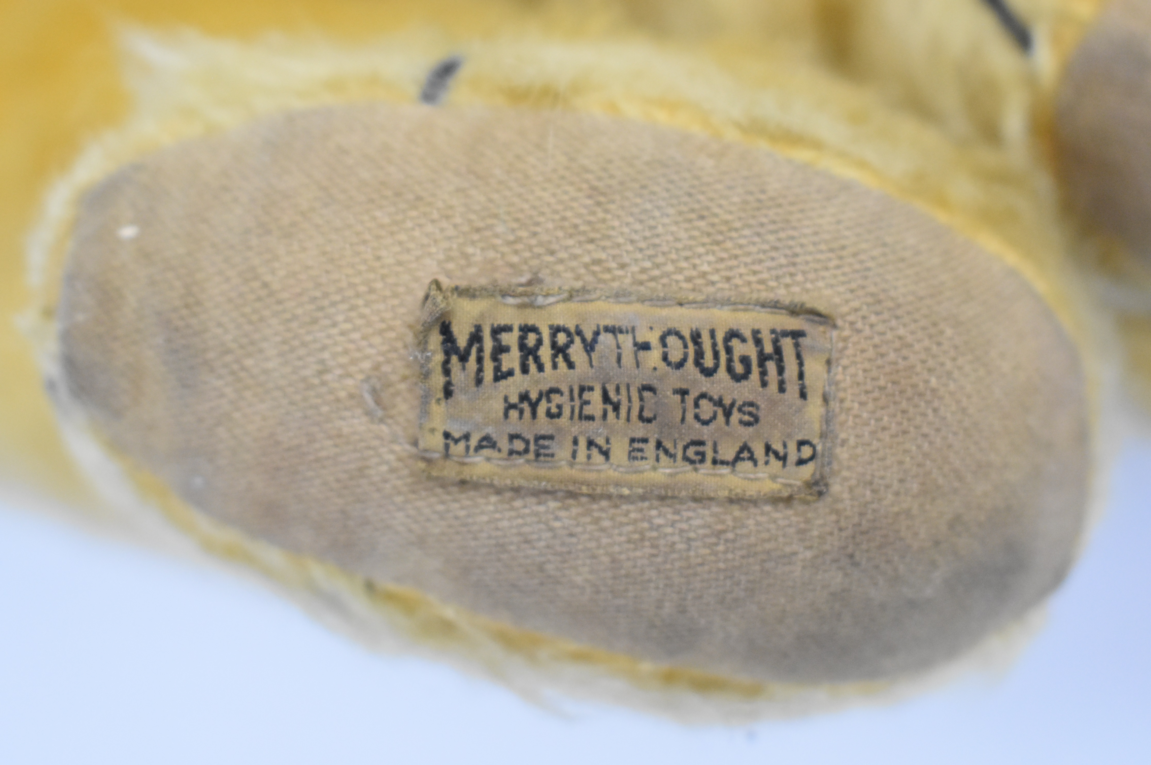 Merrythought Teddy bear with blonde mohair, disc joints, button in ear, shaved snout and stitched - Image 3 of 4