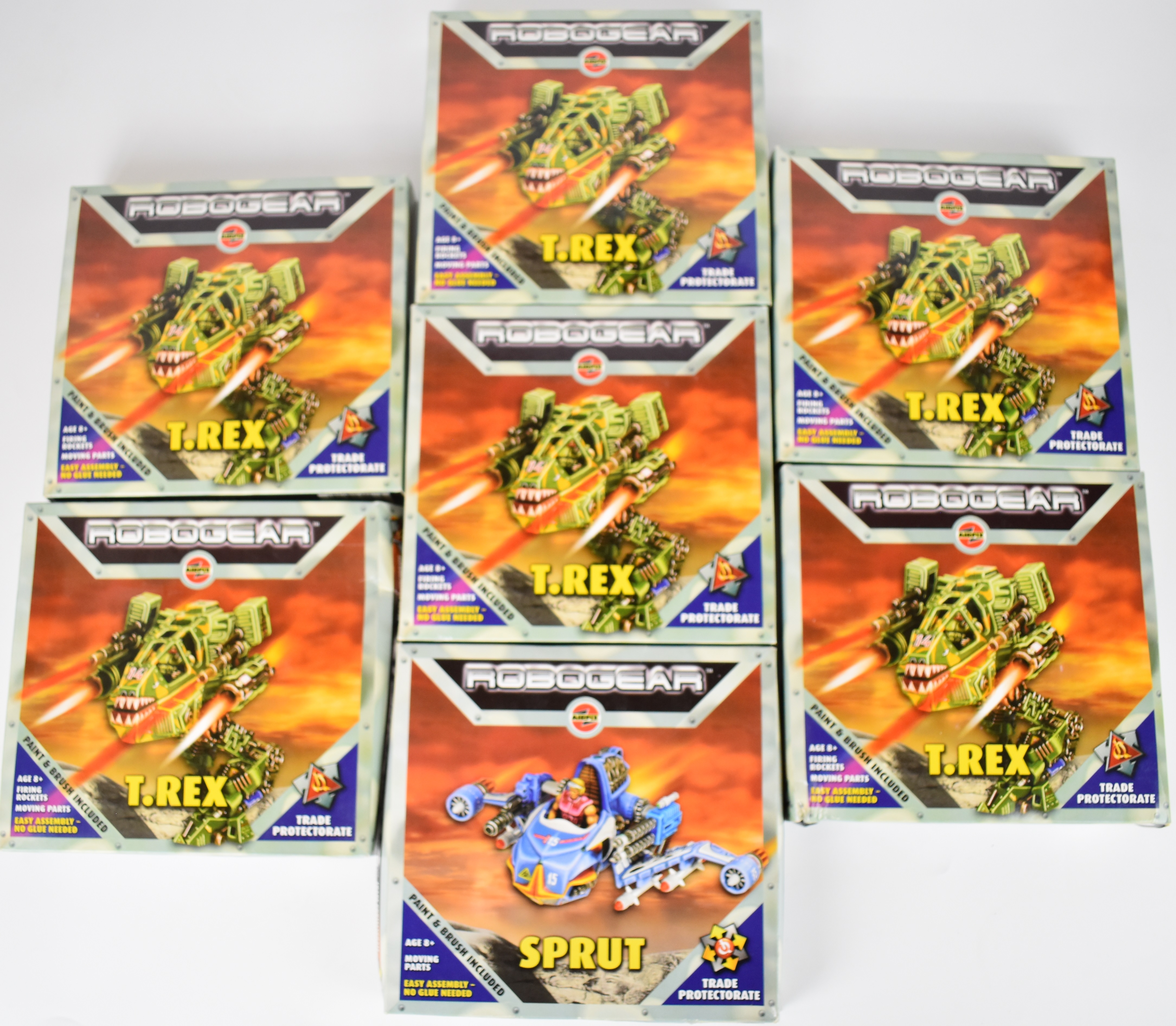 Seven Airfix Robogear plastic model kits comprising six T-Rex and one Sprut, unused in original