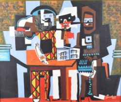 Manner of Picasso oil on canvas abstract portrait of a group of musicians, indistinctly signed lower