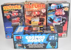 Four Kamco and similar battery operated robots comprising Saturn, Jupiter, Sentinel and Cosmos