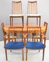 Retro mid century modern teak extending dining table and six G Plan chairs, table L152min 205 max