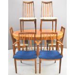 Retro mid century modern teak extending dining table and six G Plan chairs, table L152min 205 max