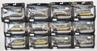 Twelve Unimax Forces of Valour 1:72 scale diecast model tanks to include U.S. M1A2 Abrams, M3A