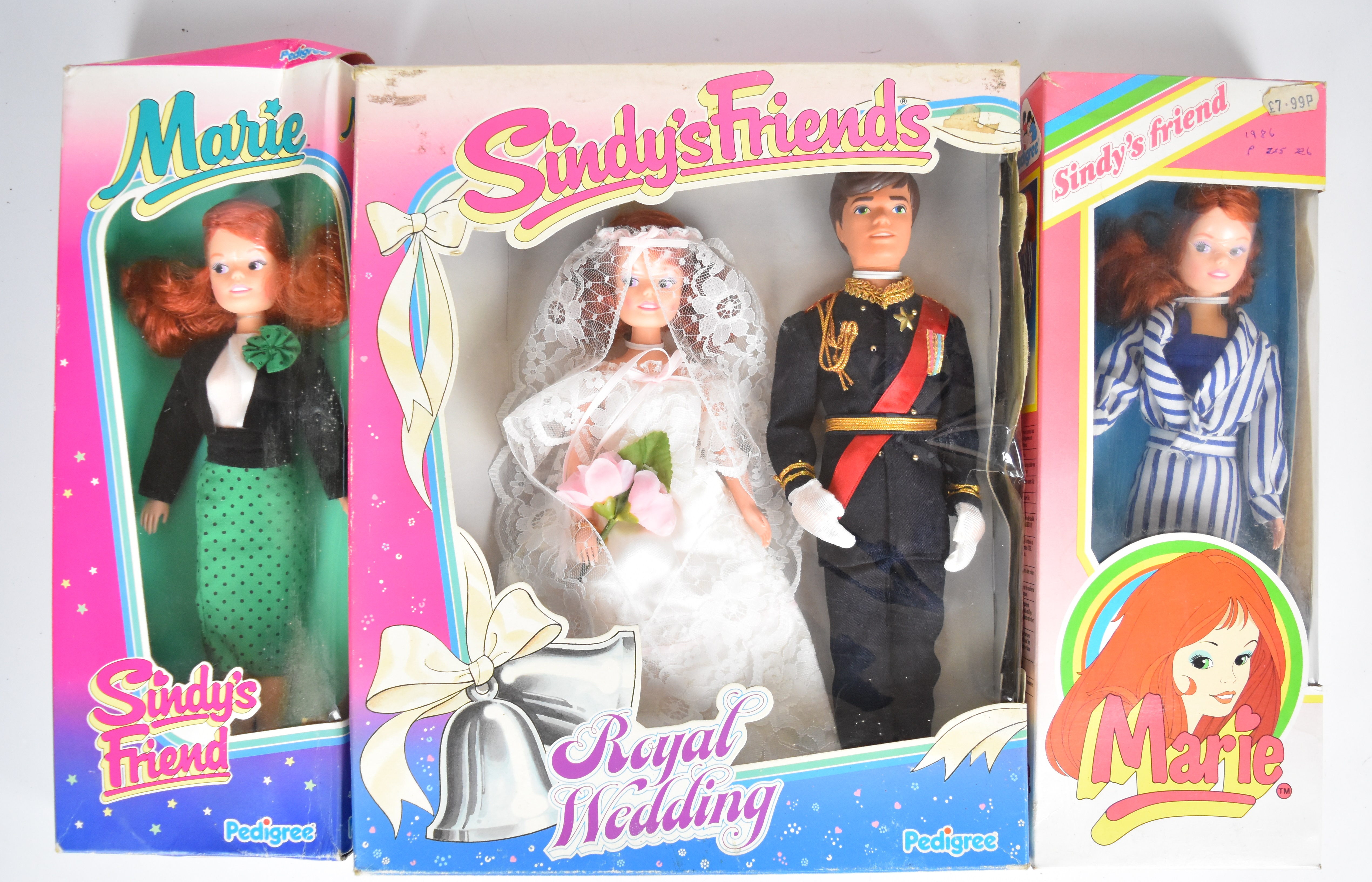 Three Sindy's Friend dolls by Pedigree comprising Marie 42150, Marie 42100 and Royal Wedding set