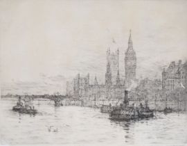 Rowland Langmaid (1897-1956) etching Westminster, London River Thames scene with boats on the