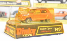 Six vintage Dinky Toys diecast model cars comprising Citroen Dyane 149, Volkswagen 1300 Sedan 129,