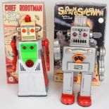 Two reproduction Japanese battery operated tinplate robots comprising 'Chief Robotman' and '