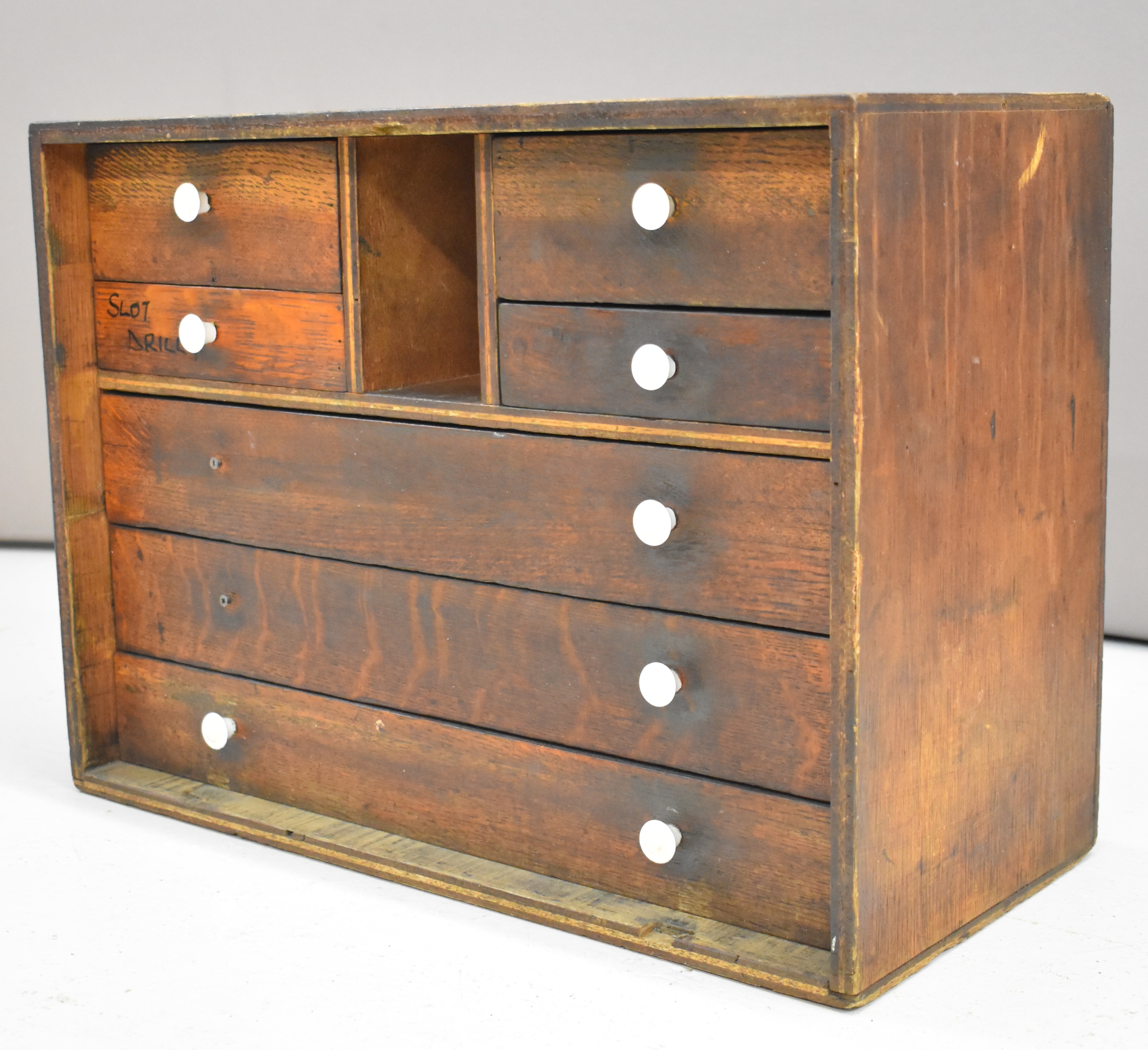 Toolmaker's or collector's chest of drawers comprising four small and three long drawers behind a - Image 2 of 5