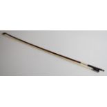 Pernambuco violin bow with ebony frog, faux ivory tip, mother of pearl inlay and silver fittings,