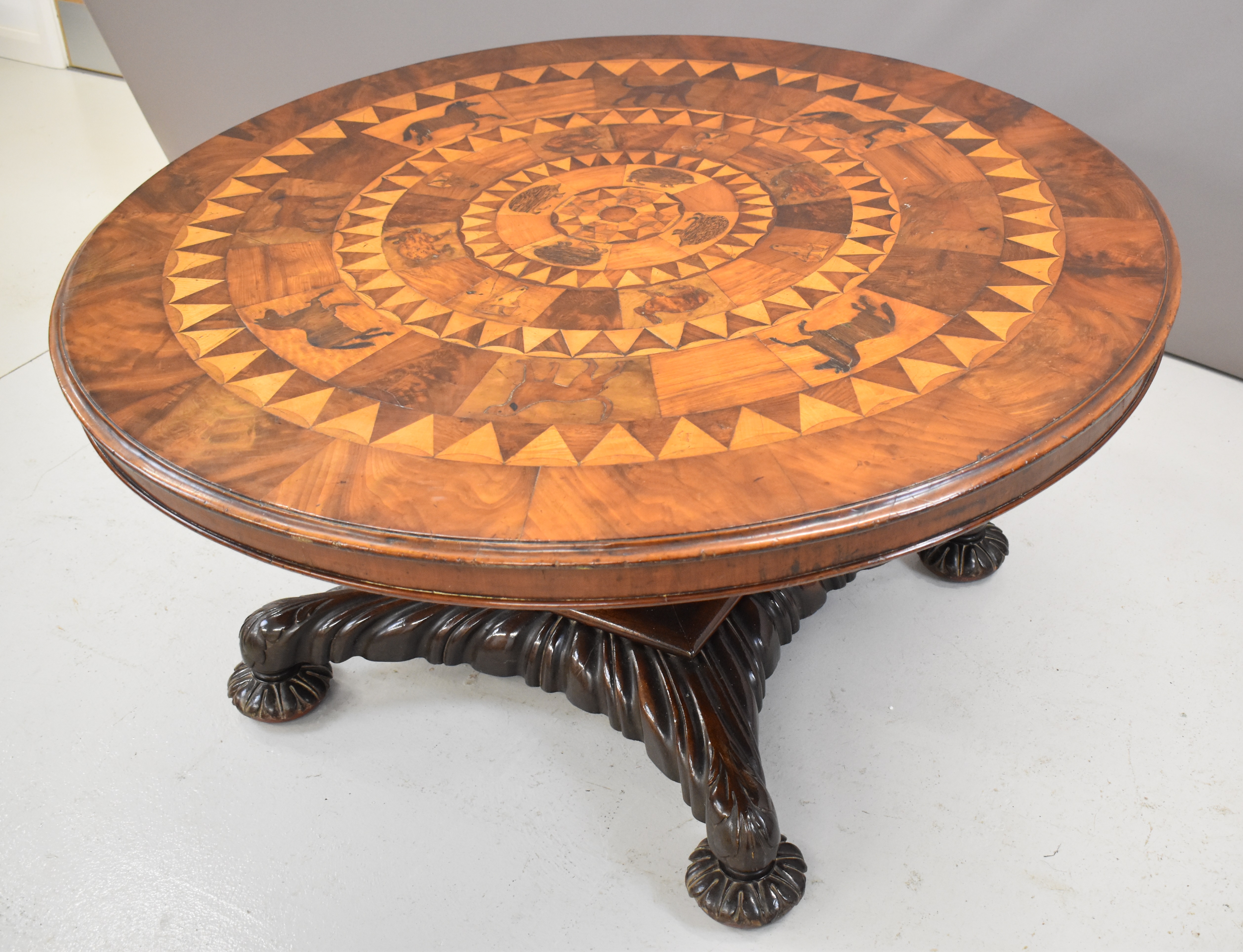 19thC parquetry and marquetry fruitwood, mahogany and specimen wood hall table with inlaid animals - Image 2 of 6