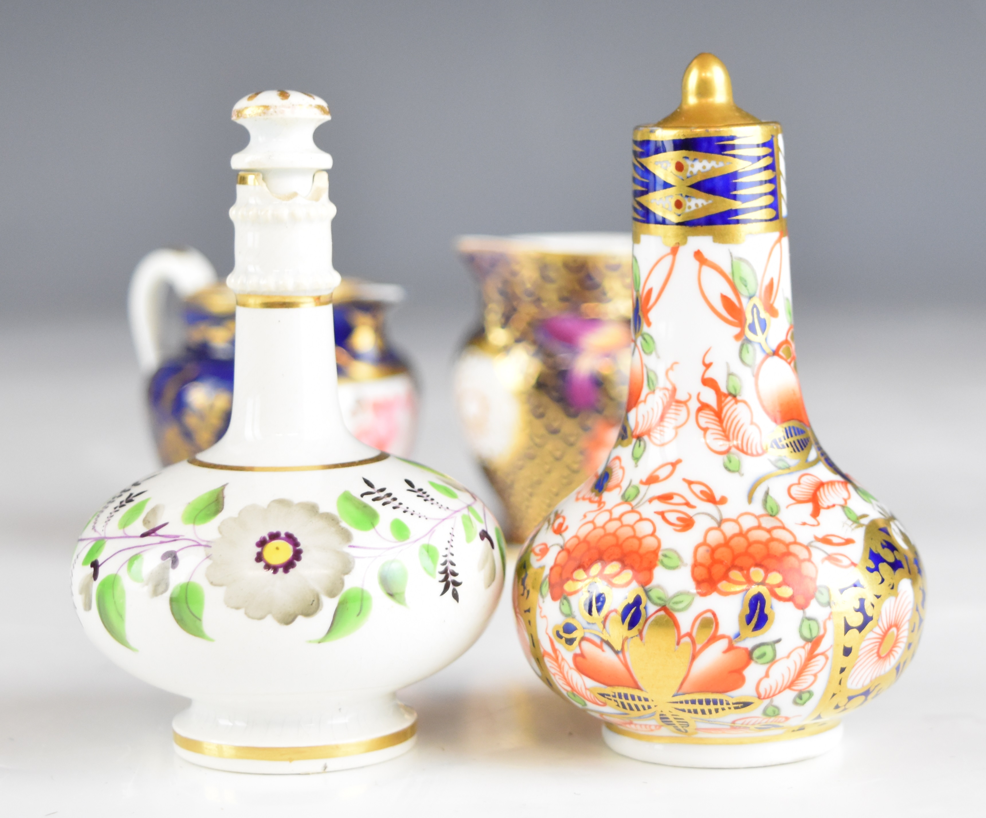 Crown Derby Imari and Davenport covered scent / perfume bottles, Coalport miniature jug with - Image 2 of 14