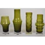 Four Tamara Aladin for Riihimaen Lasi Riihimaki glass vases in sage green, largest 25cm tall.