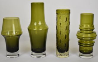 Four Tamara Aladin for Riihimaen Lasi Riihimaki glass vases in sage green, largest 25cm tall.