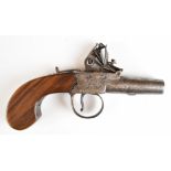 Unnamed 40 bore flintlock pocket pistol with engraved lock, wooden grip and 2 inch turn-off