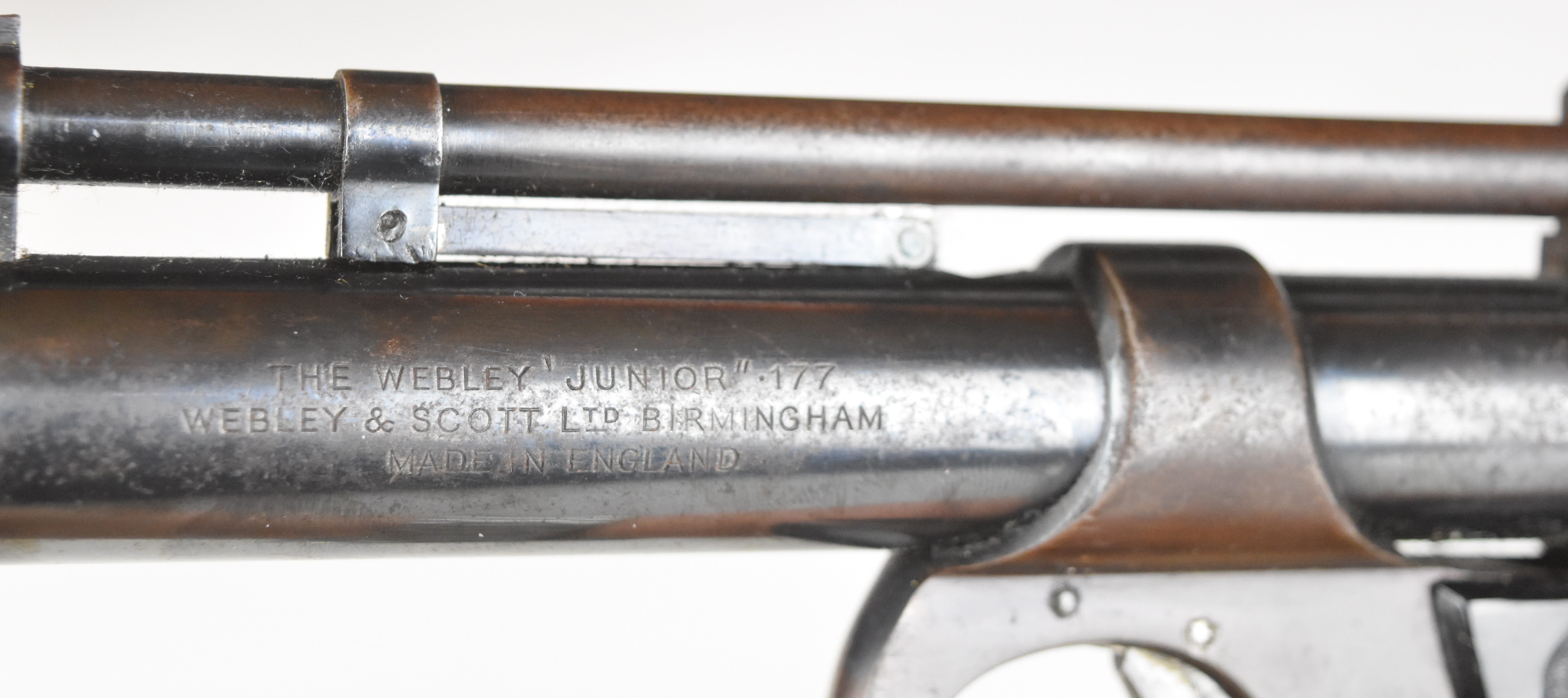 Webley Junior .177 air pistol with named and chequered composite grips and adjustable sights, serial - Image 8 of 12