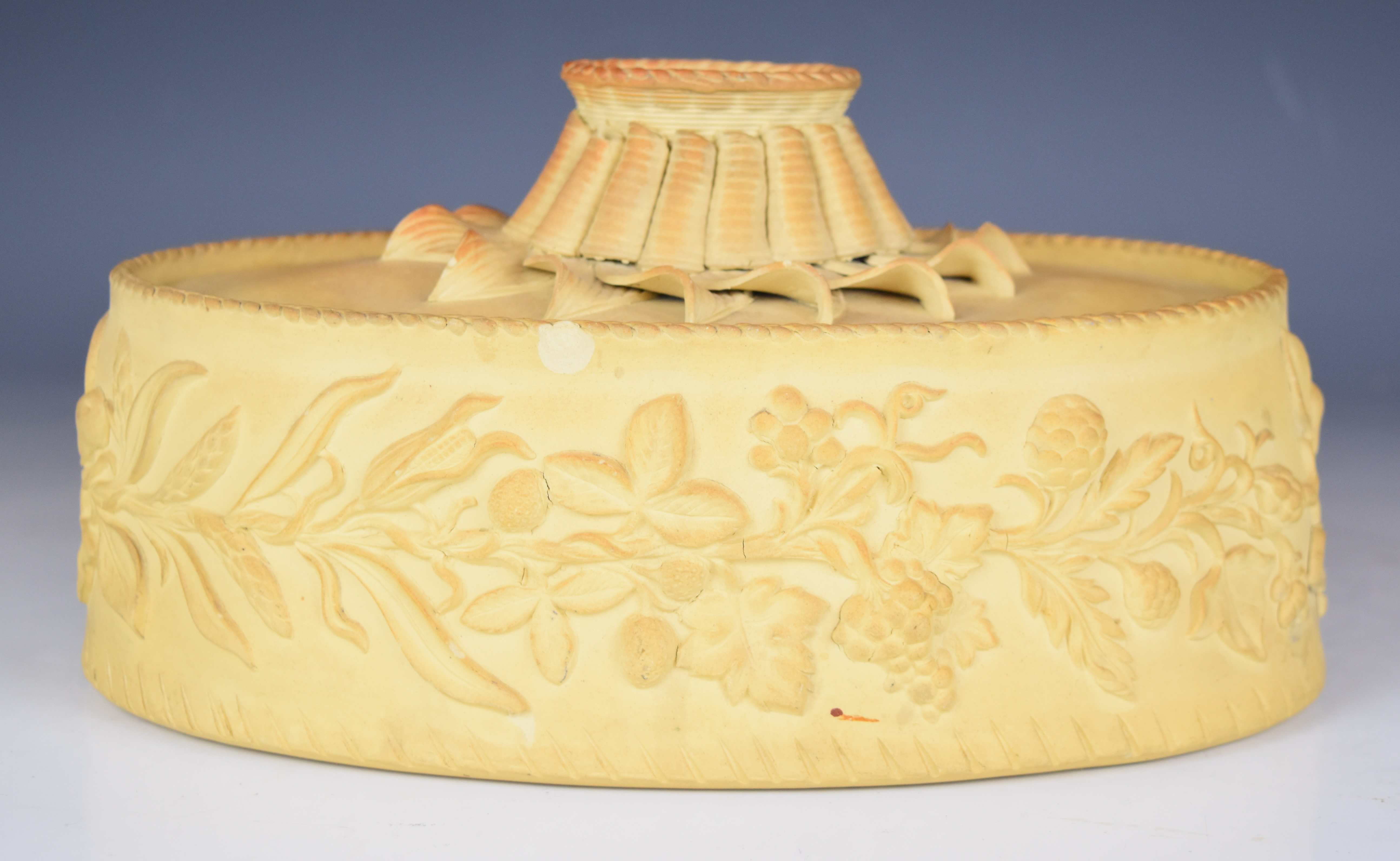 19thC caneware game pie dish and cover with decoration in relief and ornate flower petal finial, L26 - Image 6 of 10