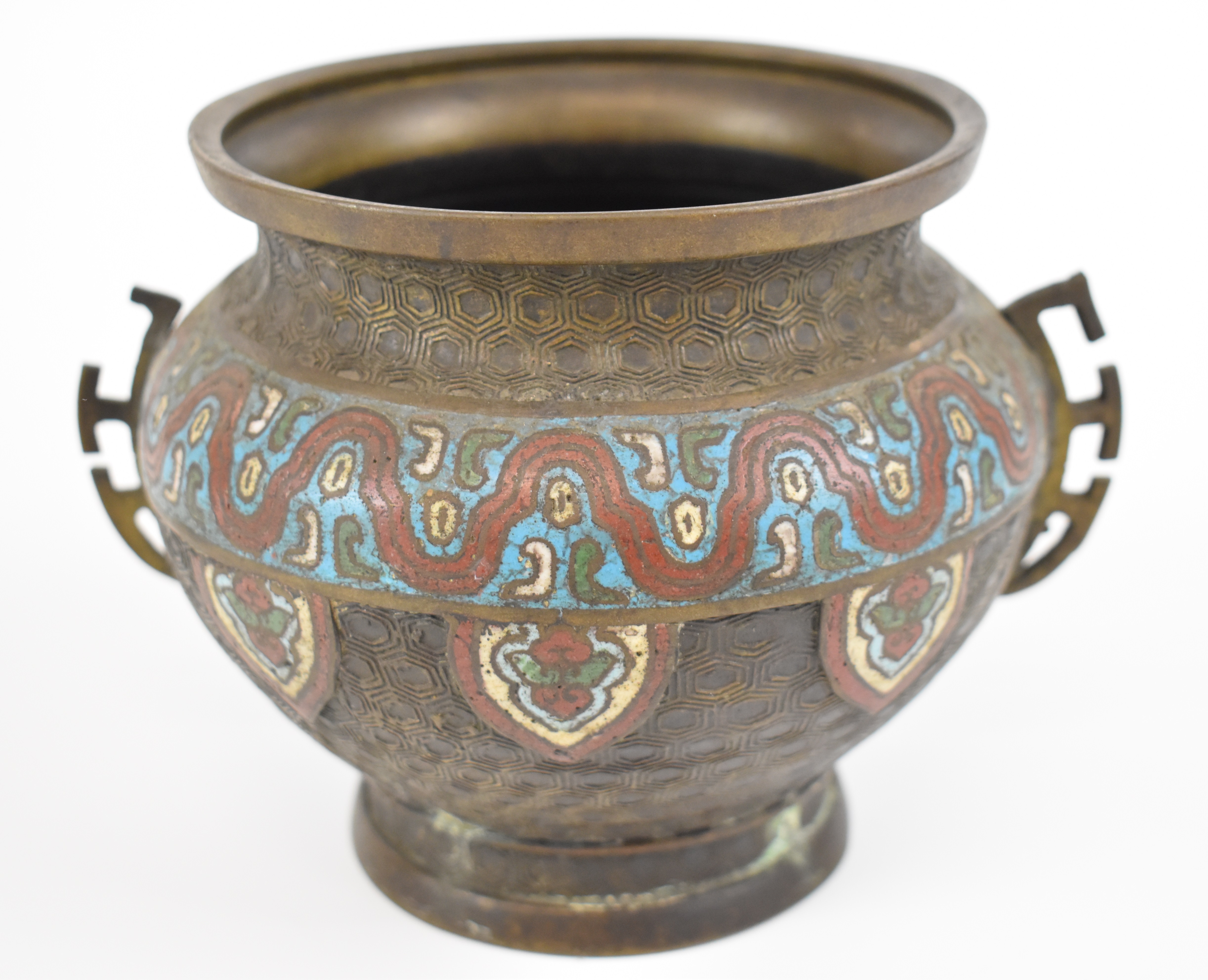 19thC Chinese cloisonné  twin handled pedestal censer / jardiniere, height 13.5cm x diameter 15cm