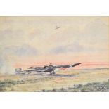 WW1 watercolour of a French military aeroplane and further aircraft in the sky above, signed and