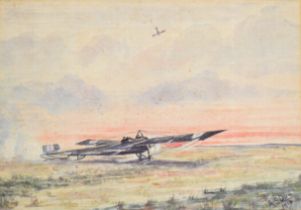 WW1 watercolour of a French military aeroplane and further aircraft in the sky above, signed and