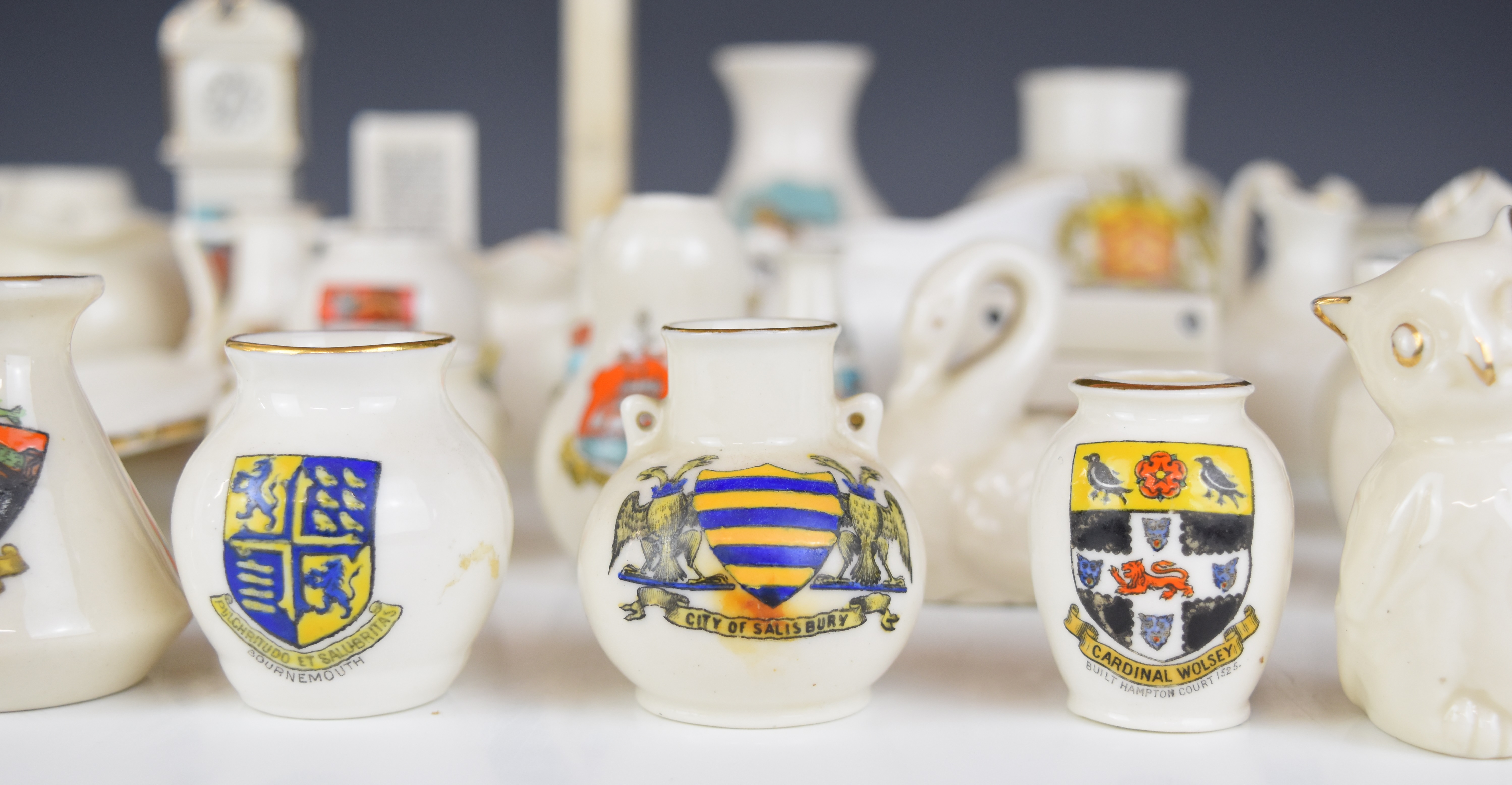 Goss, Shelley and Carlton crested ware including Southend dice, Chepstow clock, Gloucester jug, - Image 3 of 9