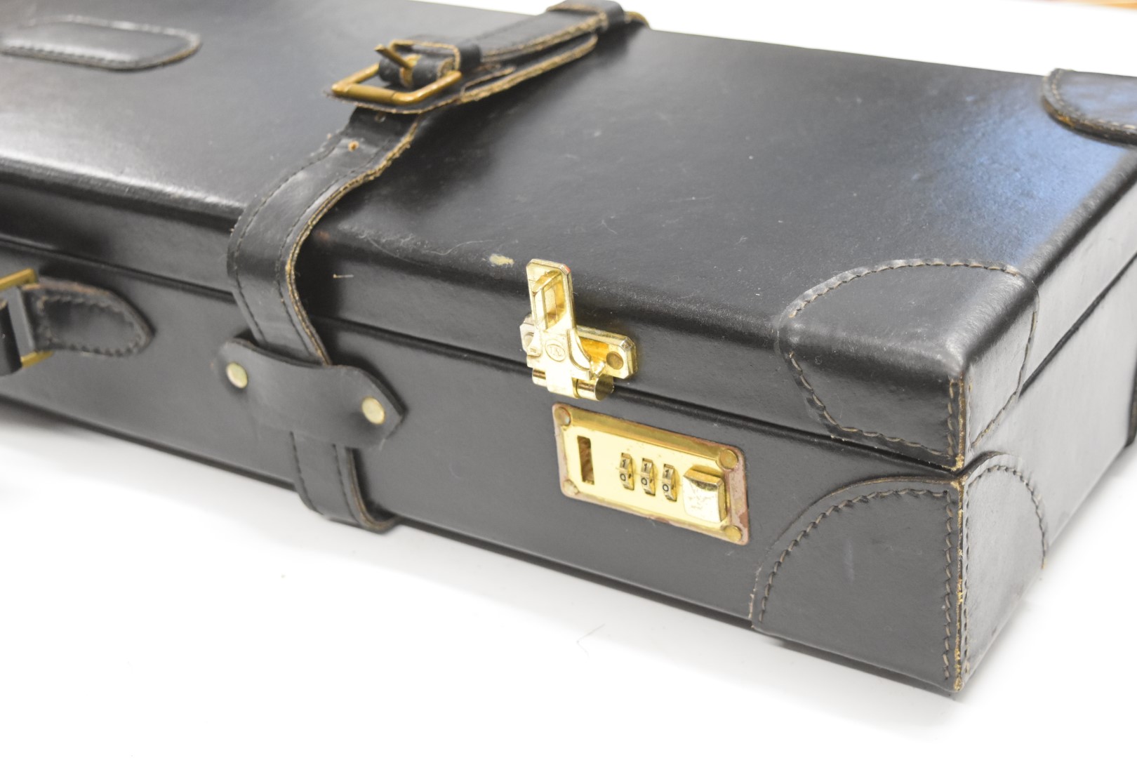 Black leather shotgun case with fitted interior and code locks, 82.5 x 21 x 11cm. - Image 3 of 5