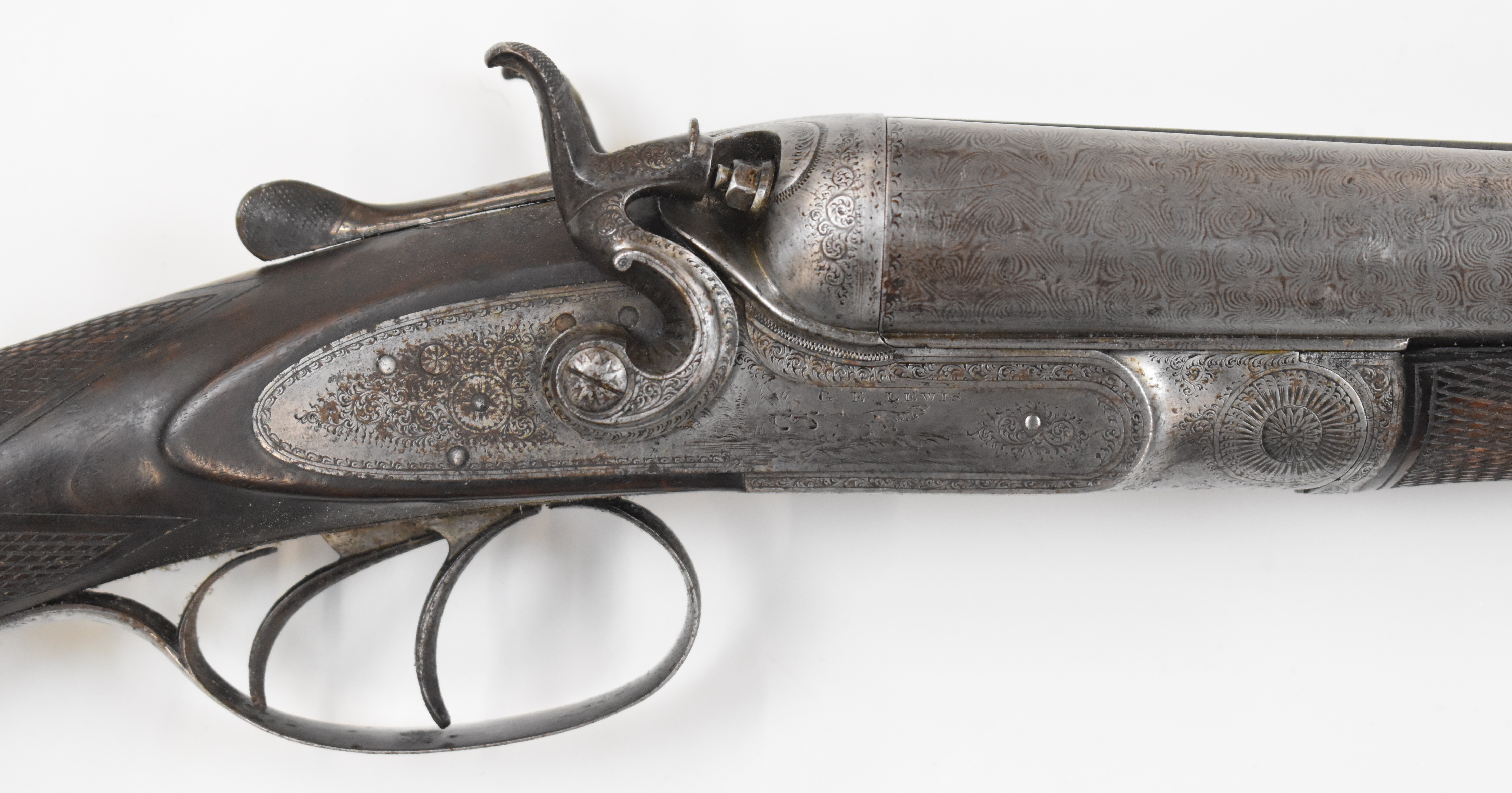 George Edward Lewis 12 bore side by side hammer action shotgun with named and engraved locks, - Image 6 of 13