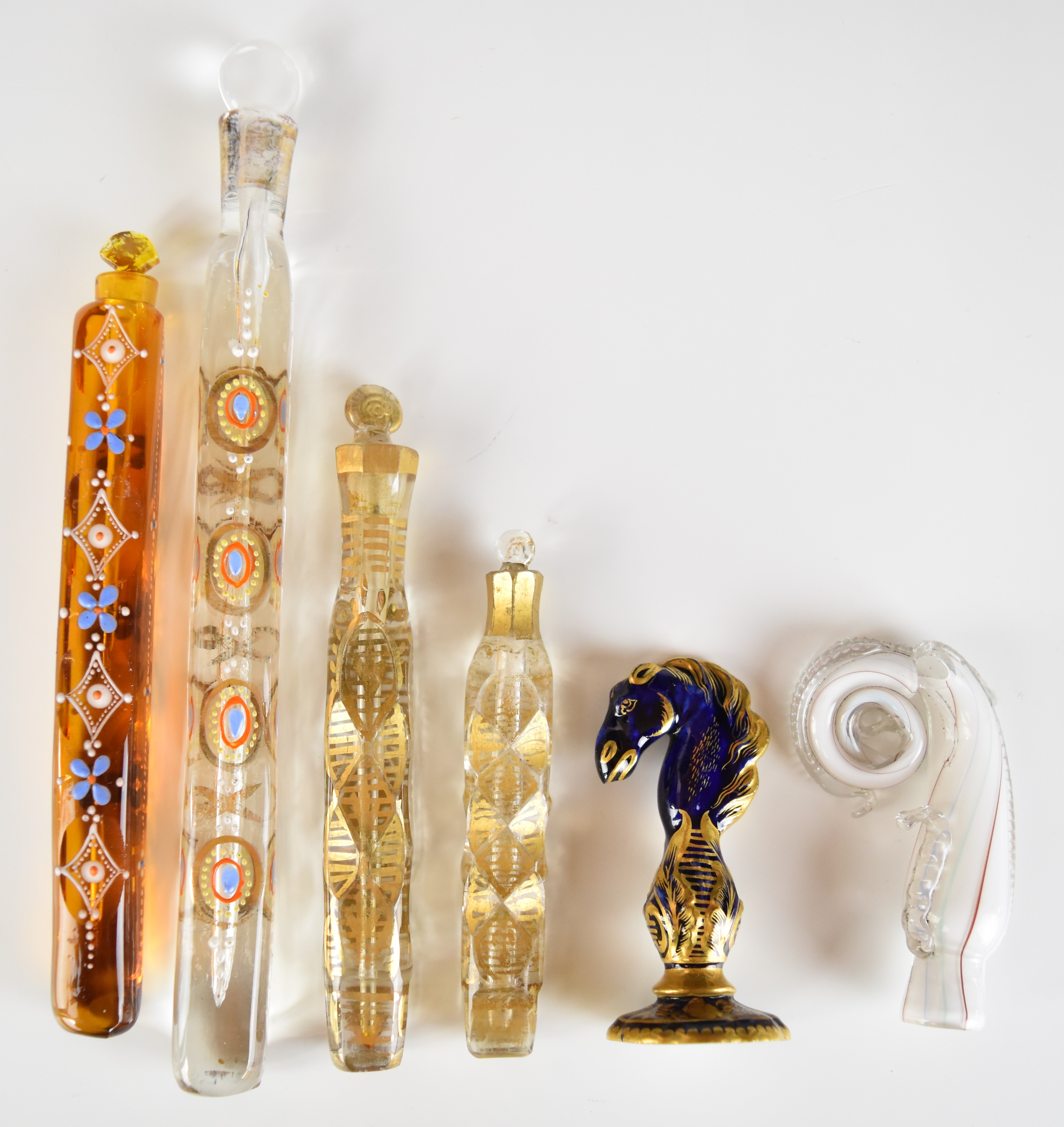Four 19thC gilded, enamelled and jewelled glass scent / perfume bottles with stoppers, striped glass - Image 6 of 10