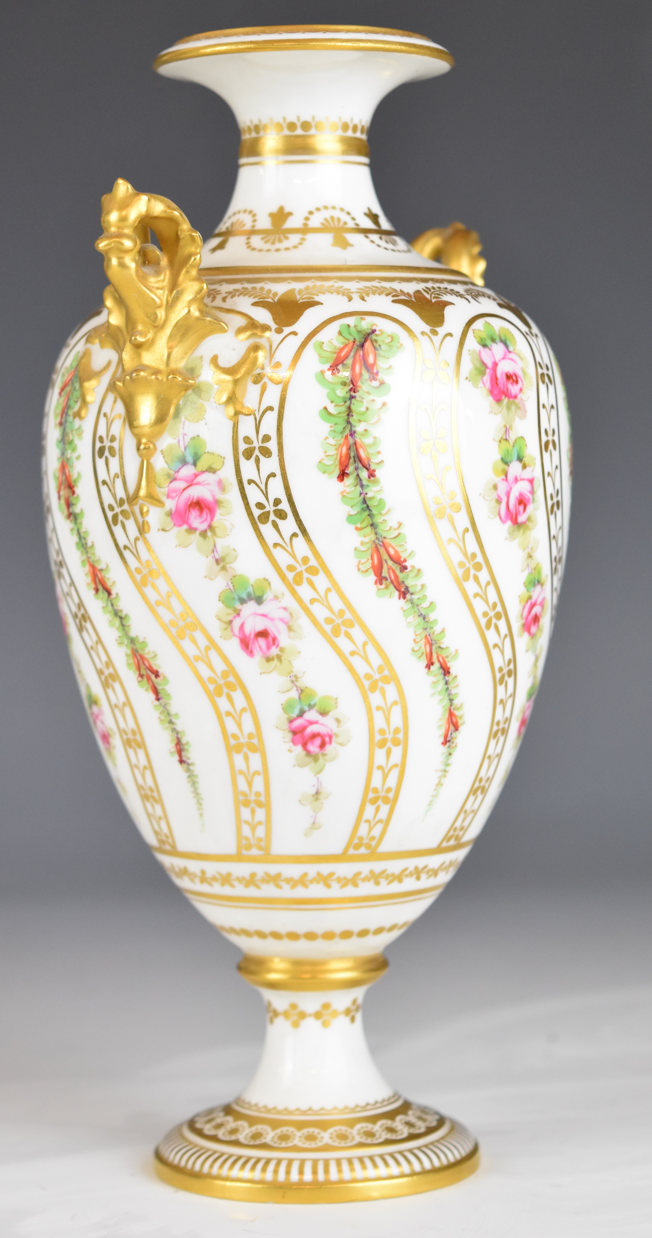 Royal Crown Derby twin handled pedestal vase decorated with roses and hips, height 21cm - Image 8 of 12