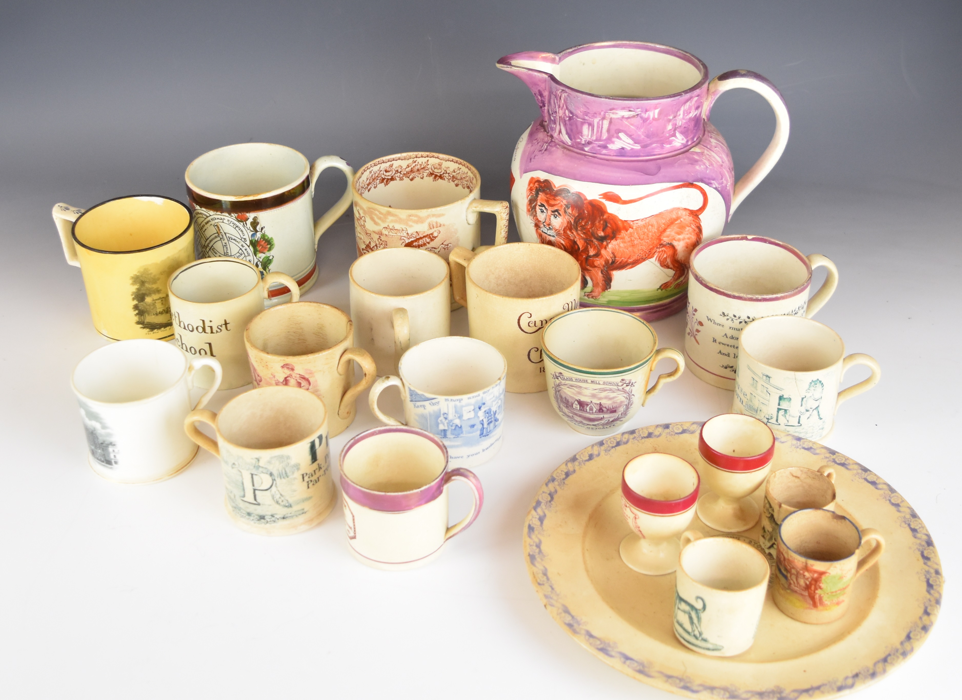 Collection of 19thC transfer printed cups, mugs and tankards, many featuring dogs, nursery ware, - Image 8 of 14