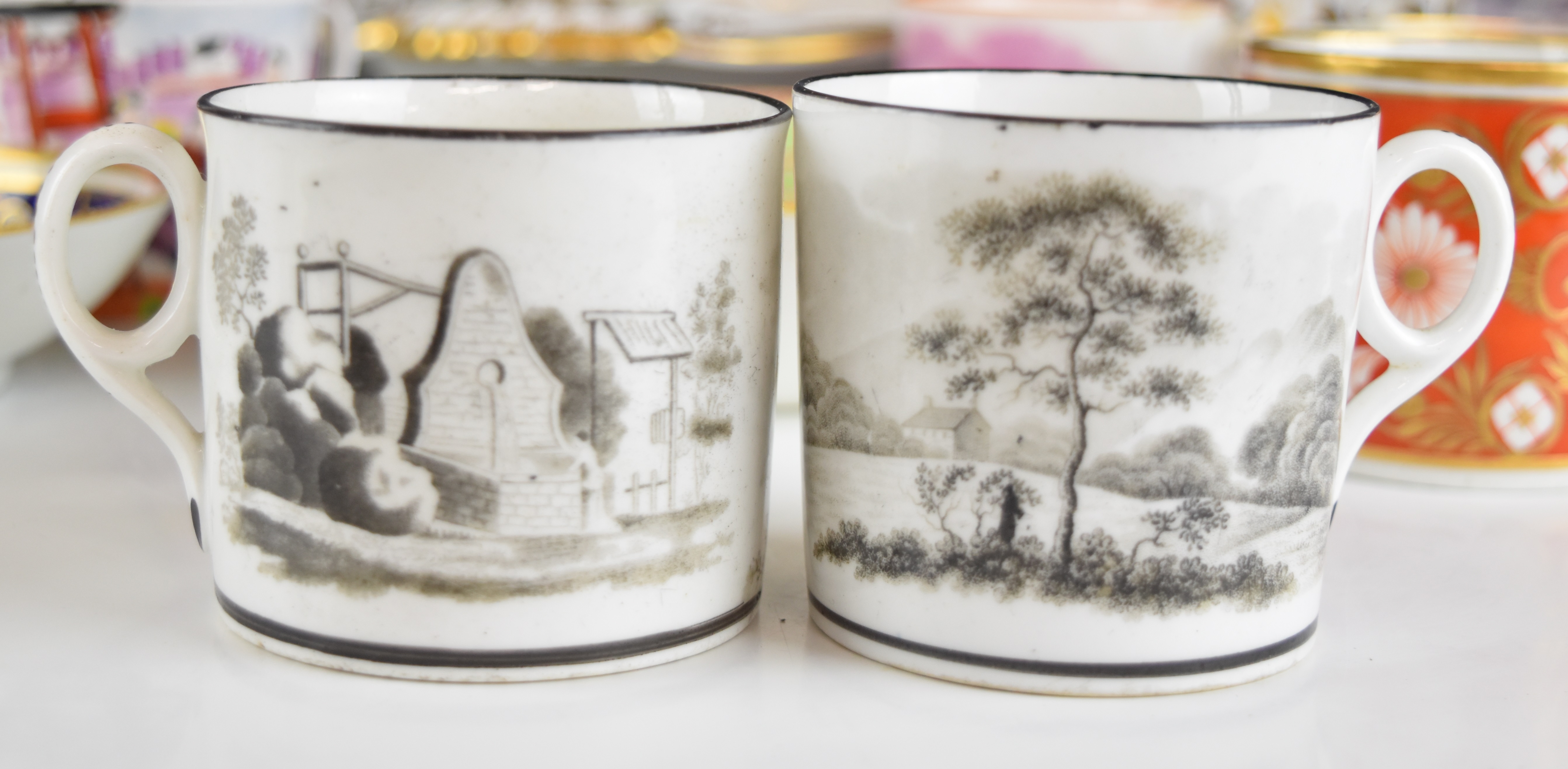 19thC porcelain saucers, dishes, coffee cans and cups including New Hall, Ridgway, bat print - Image 13 of 22