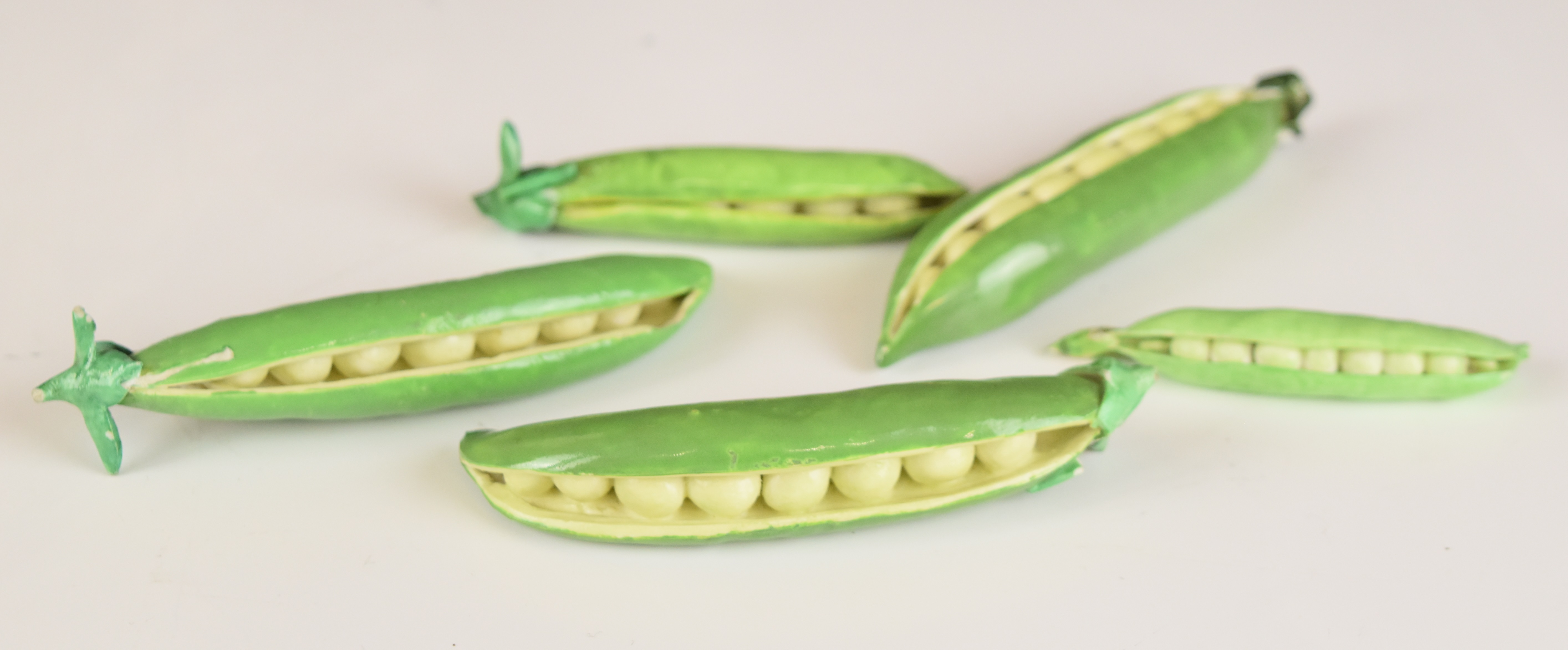 Collection of 19thC Minton / Coalport novelty porcelain pea pods with split pods showing ripe