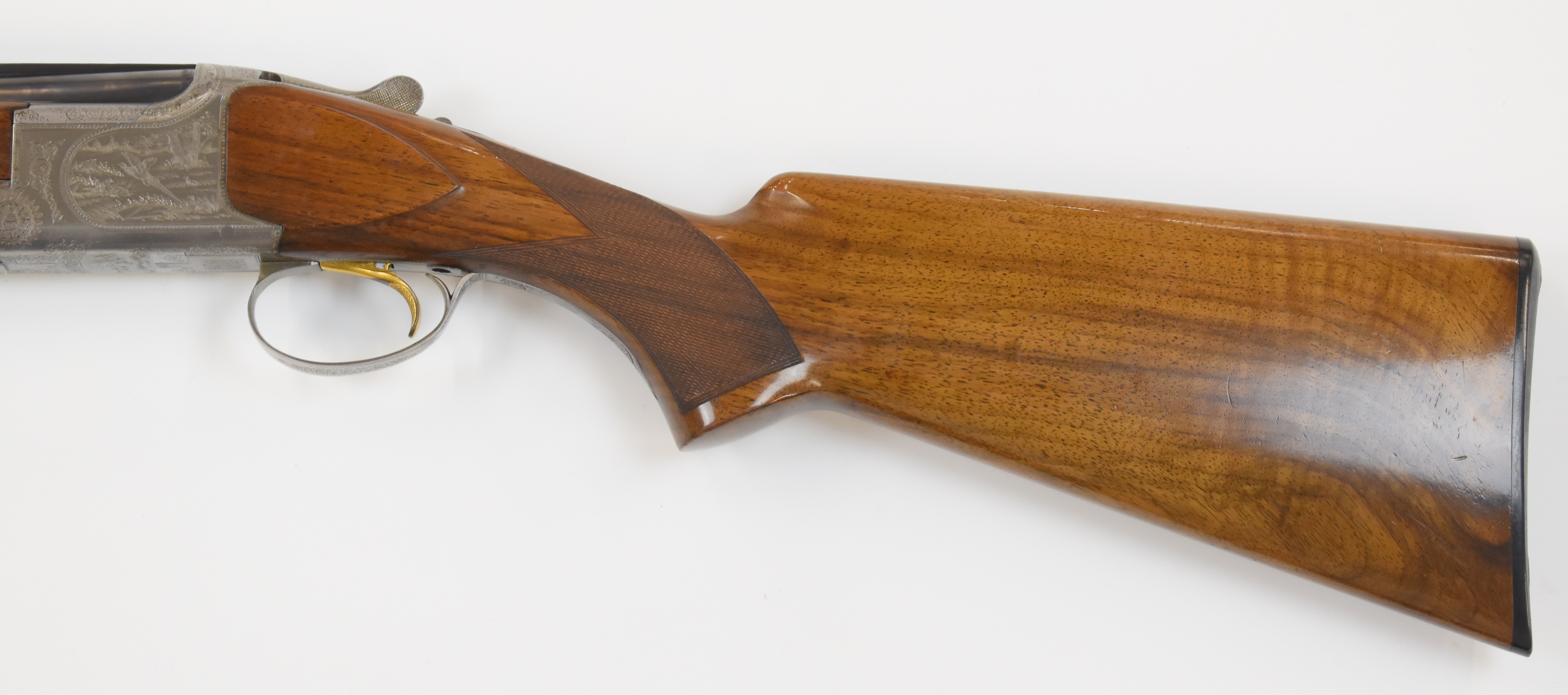 Browning B2 12 bore over and under shotgun with engraved scenes of birds to the locks and underside, - Image 10 of 12