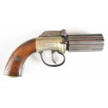 Unnamed six-shot percussion bar hammer action pepperbox pistol/ revolver with engraved lock, top
